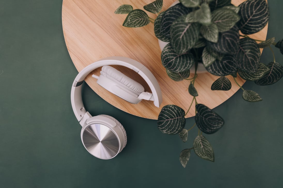 White Headphones and Plant on Wooden Table